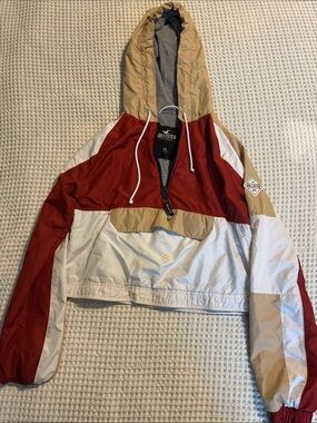 Hollister Colorblock Pullover Windbreaker Hoodie - Red, White, Tan